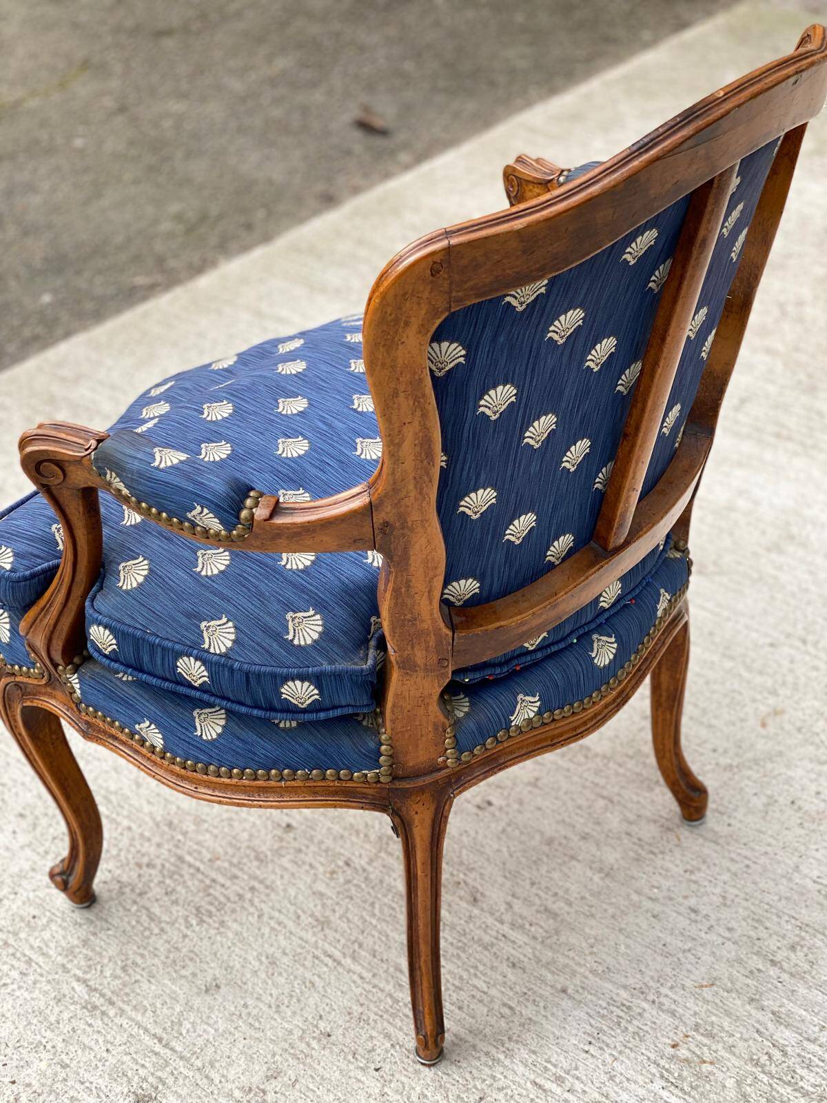 Bergère armchair Louis XV blue silk fabric embroidered