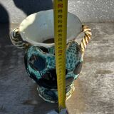 Trio of Vallauris vases in turquoise and black, highlighted with gold, 22 cm high