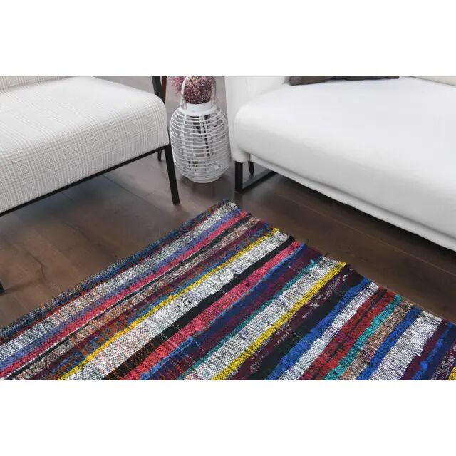 Tapis kilim vintage turc Oushak fait main en laine et coton bleu