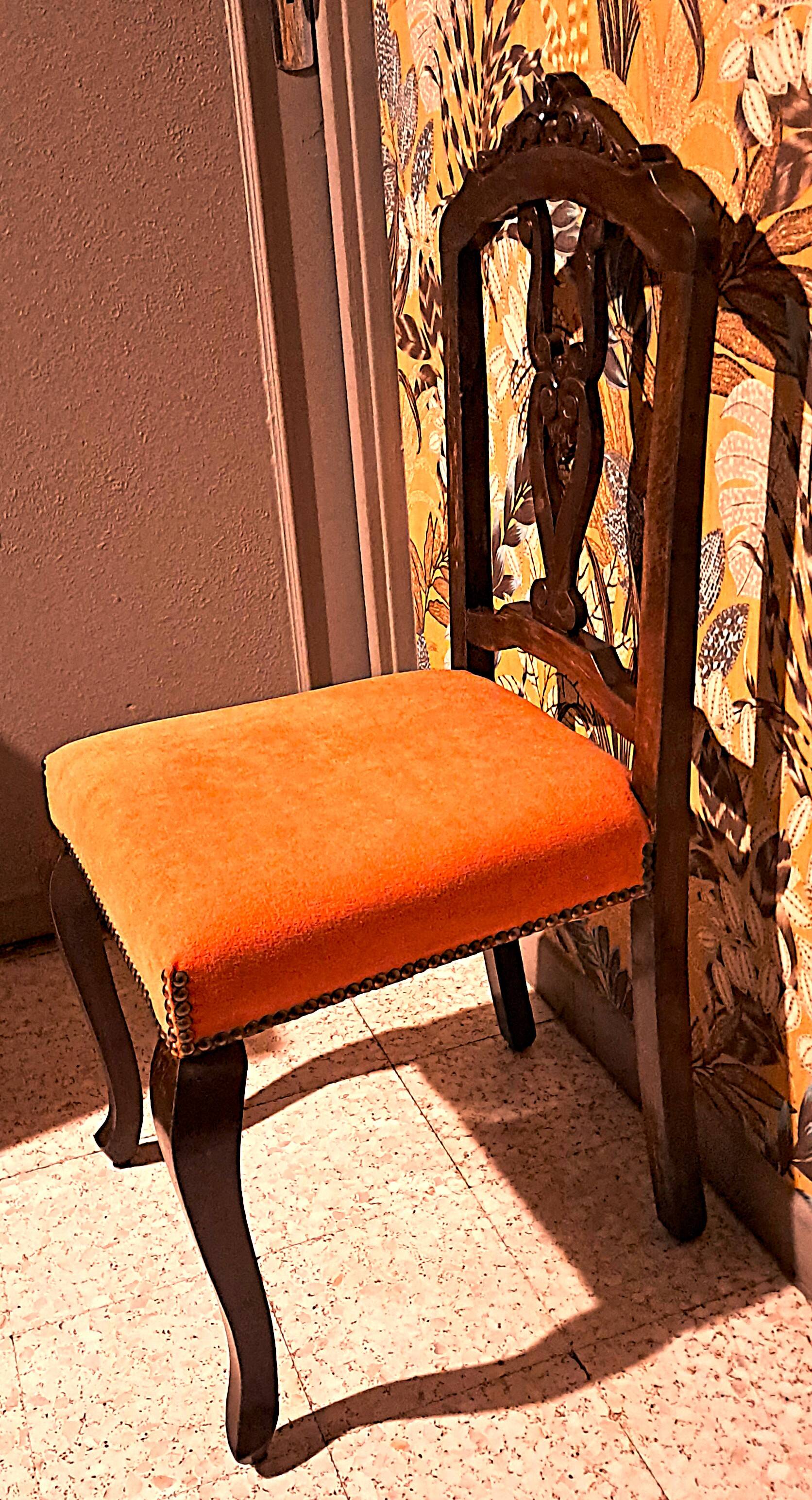 Varnished wood chair with orange velvet fabric, 1880/1900