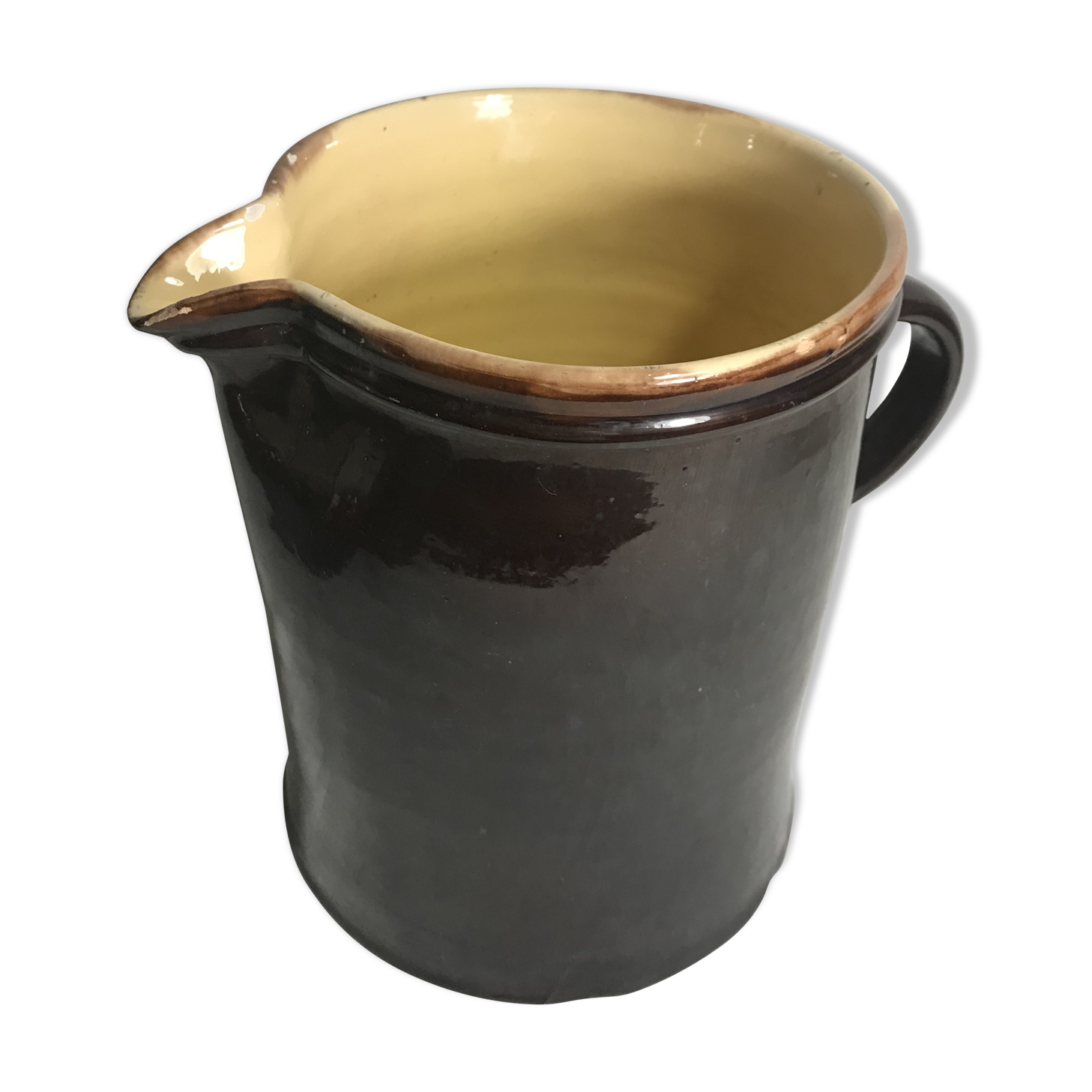 Old ceramic jug with brown enamel inside beige beige 50's