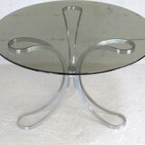 Living room table "Space Age" polished steel, circular slab smoked glass. France, circa 1970.