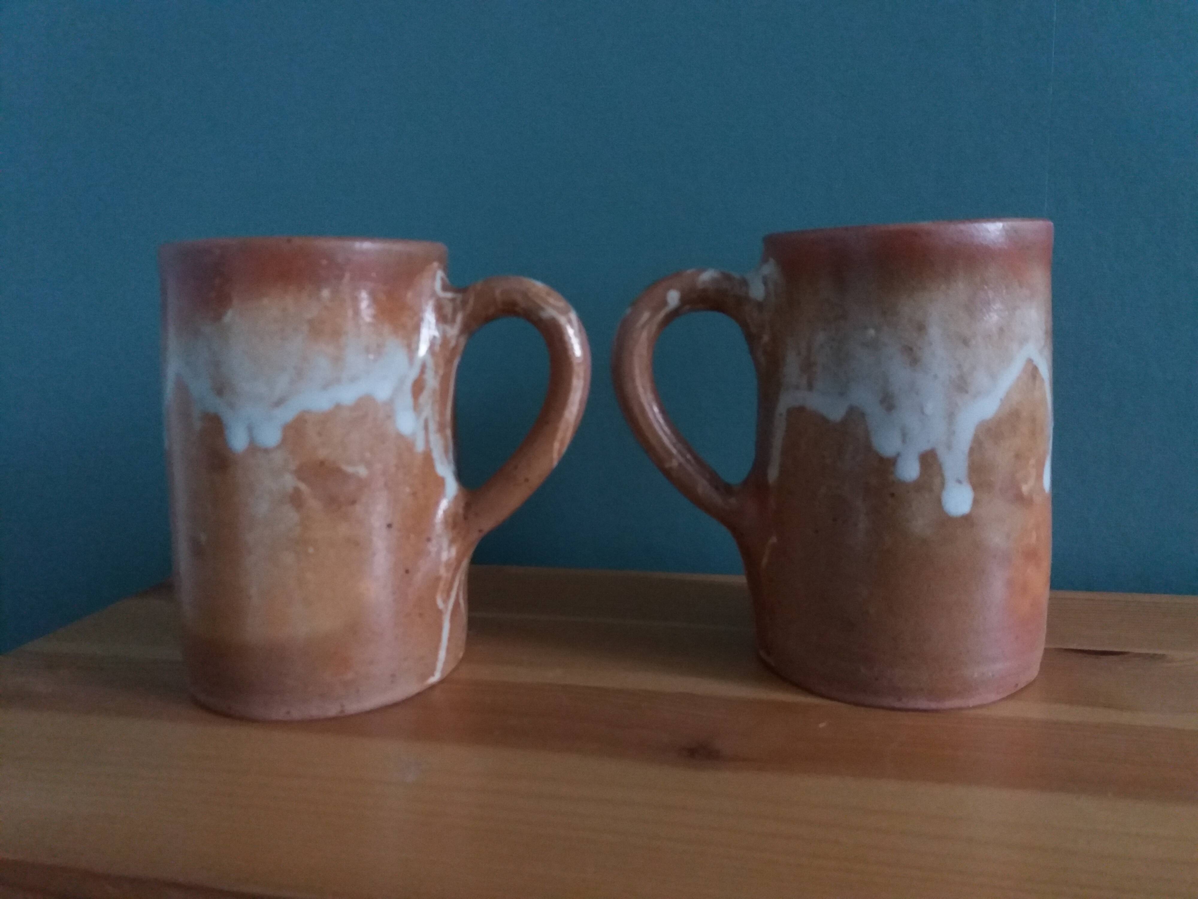 2 enameled stoneware mugs cups