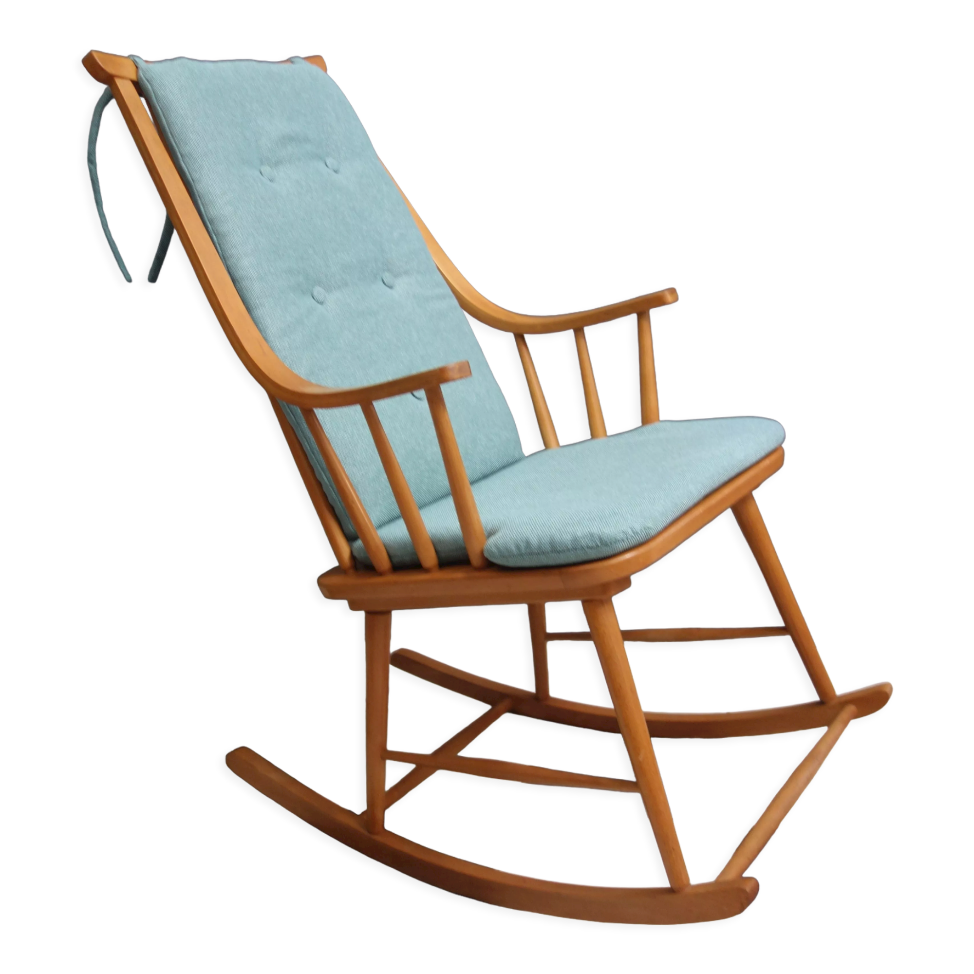 Mid century wooden rocking chair with blue upholstery  1960s