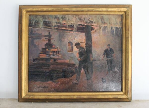 Huile sur isorel ''Deux ouvrier à la presse'' peinture post-impressionniste