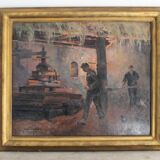 Oil on hardboard "Two workers at the press" post-impressionist painting