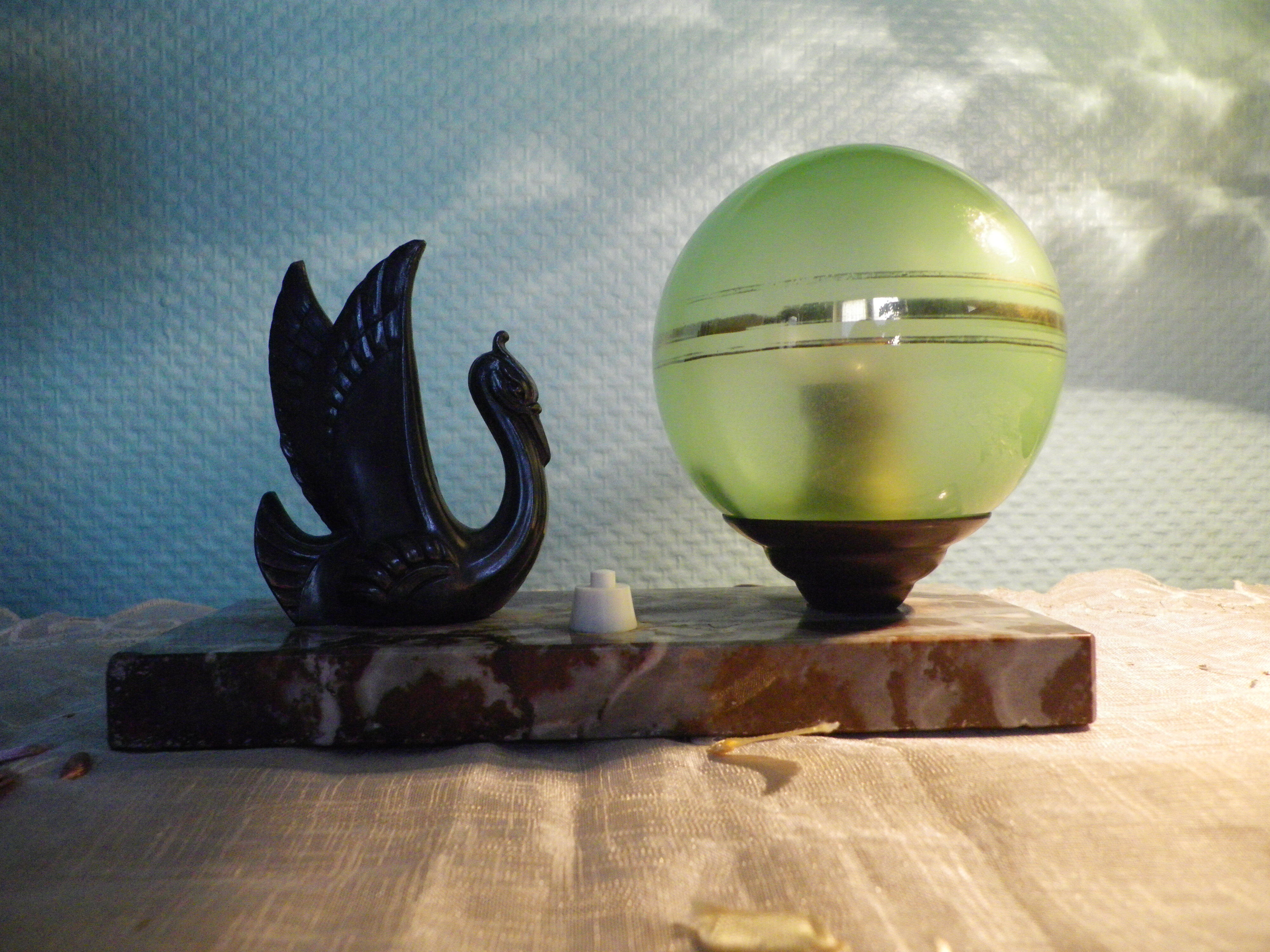 Table lamp, art deco, opaline, marble, bronze patinated metal, 30s/40s