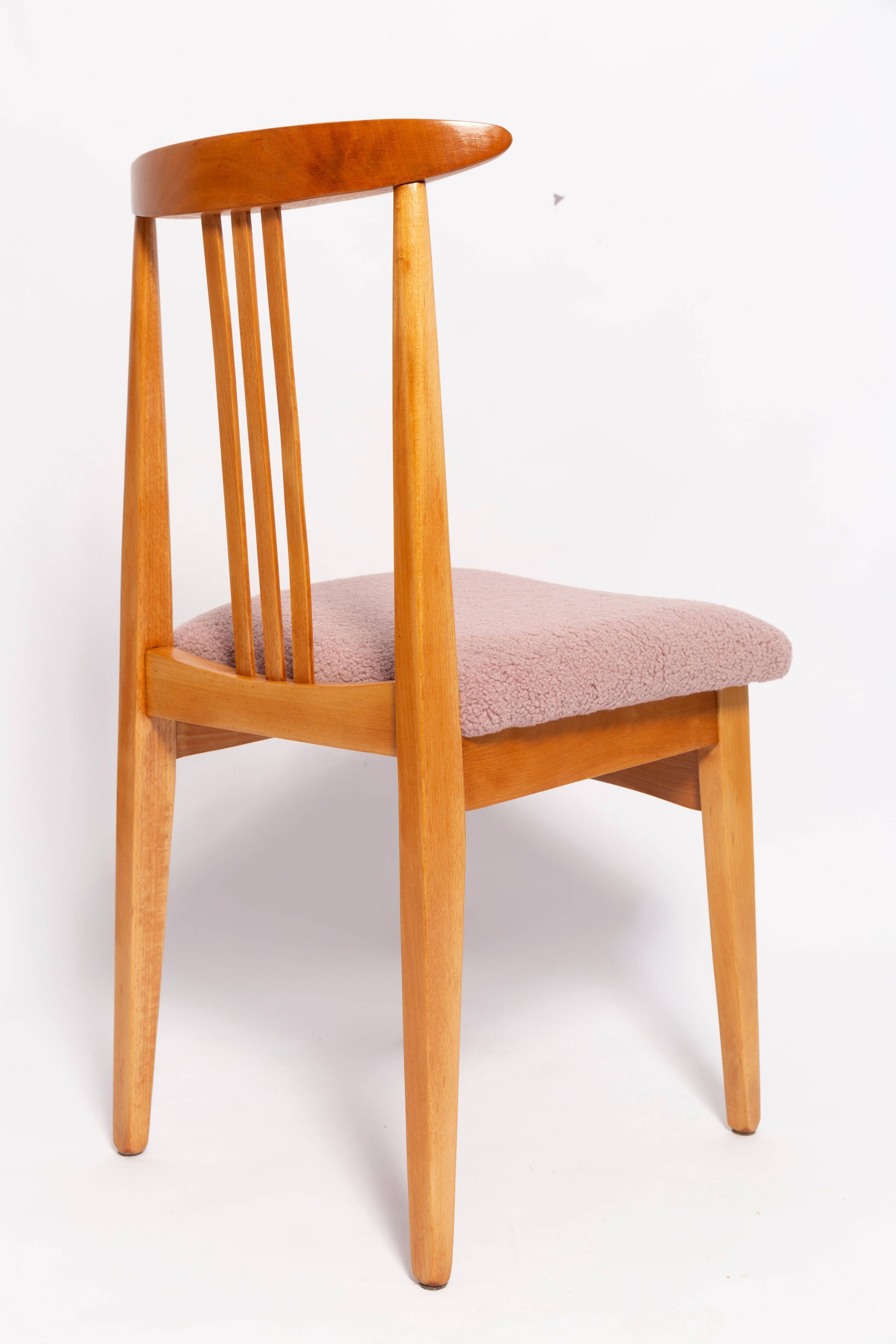 Blush pink bouclé chair mid-century in light wood by M. Zielinski, Europe, 1960s