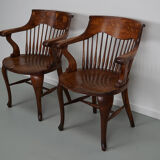 Pair of English Edwardian Oak Spindle Back Captains Office Desk Chairs