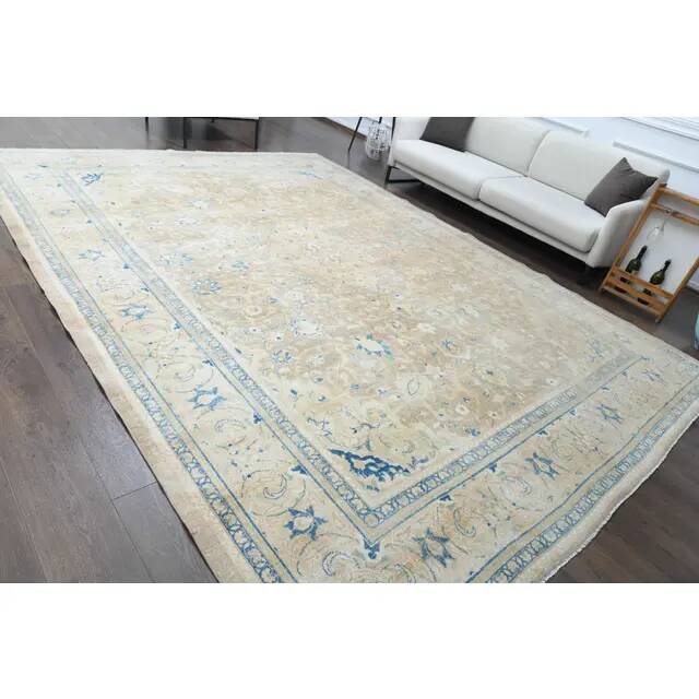 1970s Vintage Persian Handmade Wool Cotton Yellow Area Rug 280x381