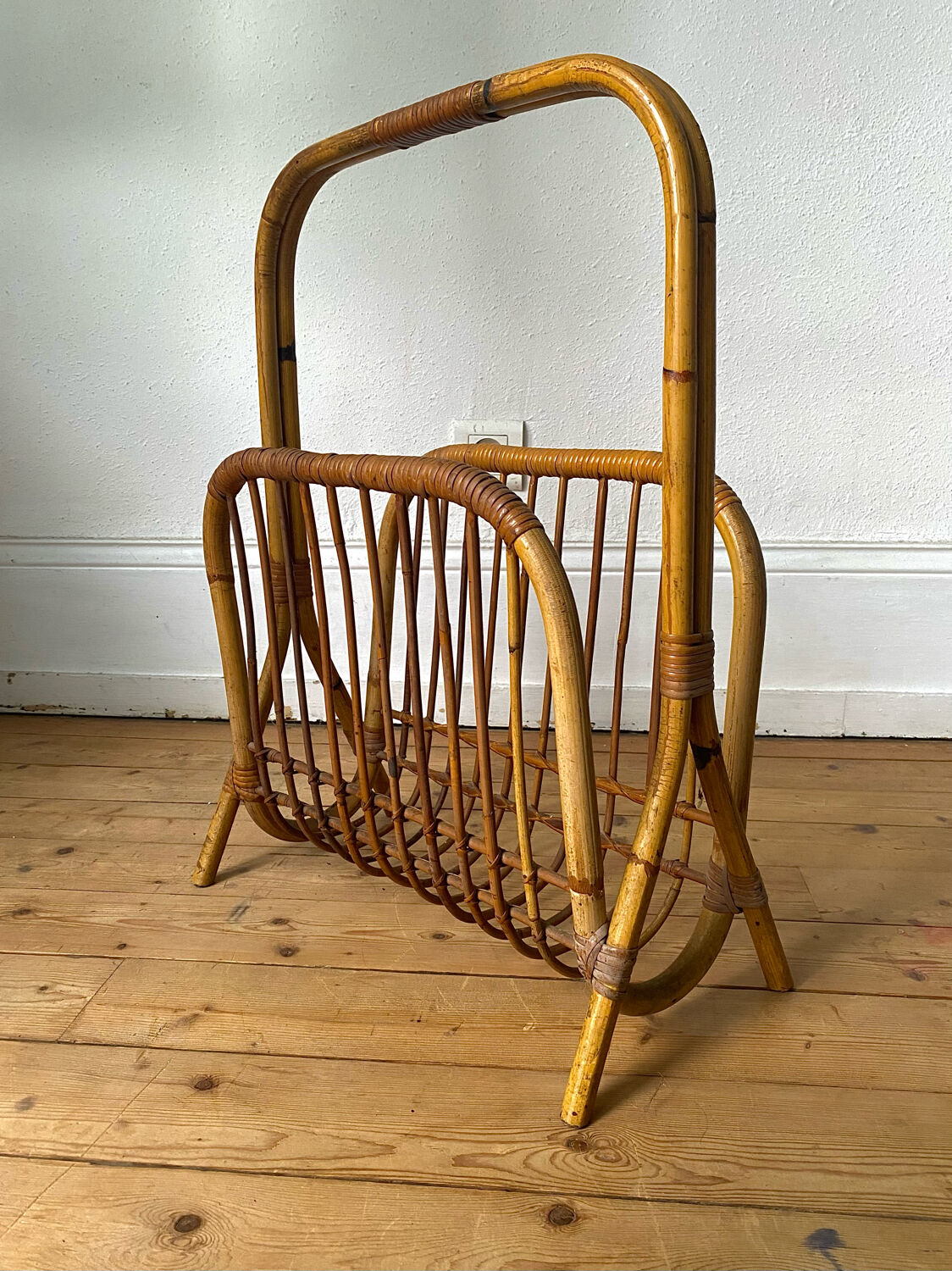 Vintage rattan magazine holder