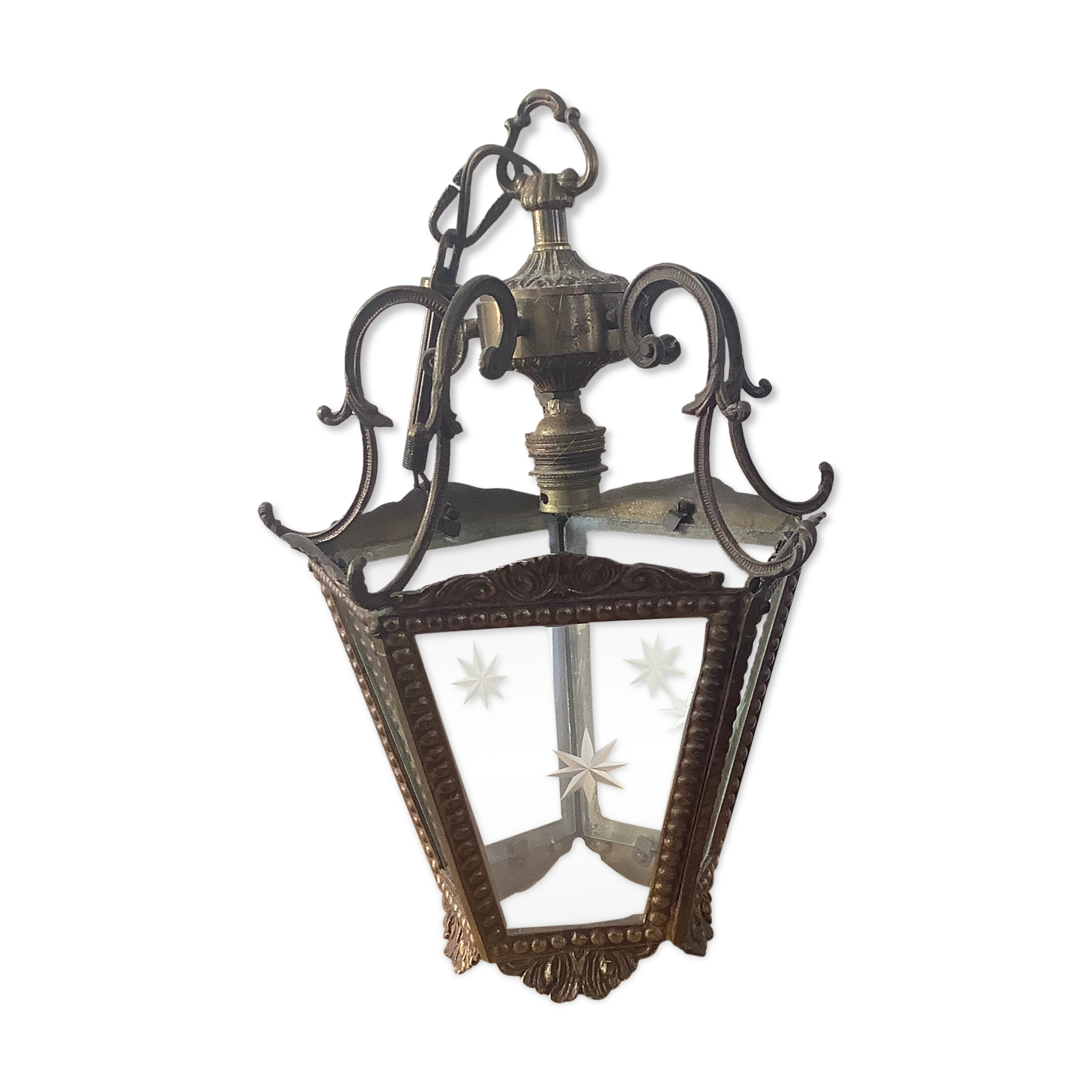 Bronze and chiseled glass hanging lamp