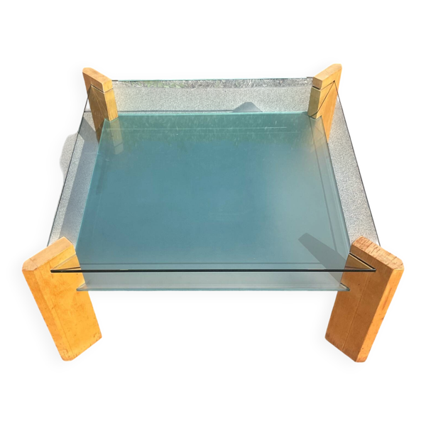 Table basse vintage en hêtre et verre