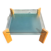 Table basse vintage en hêtre et verre