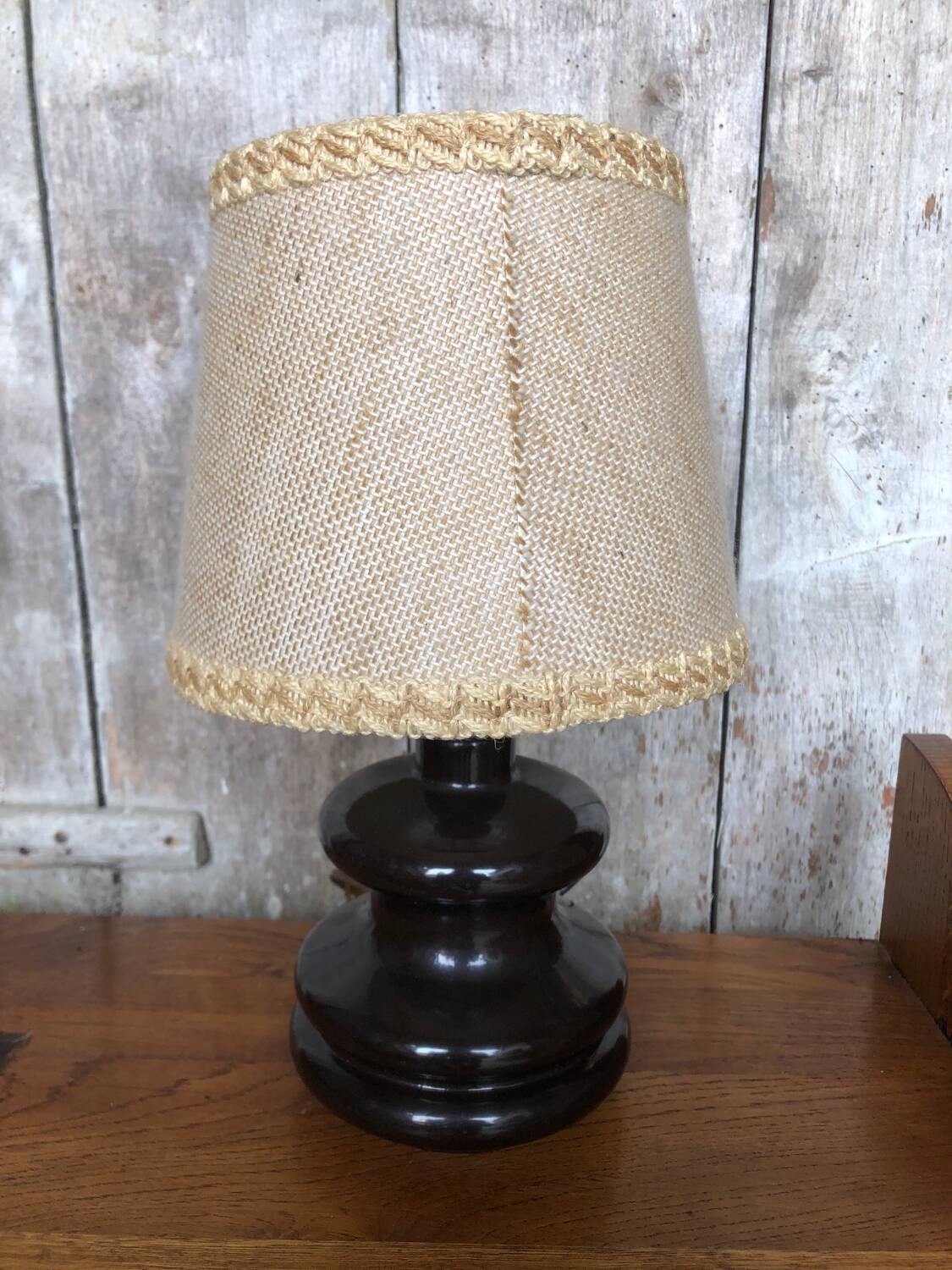 Old Brown Molded Glass Lamp + Beige Lampshade 70's Vintage #A832