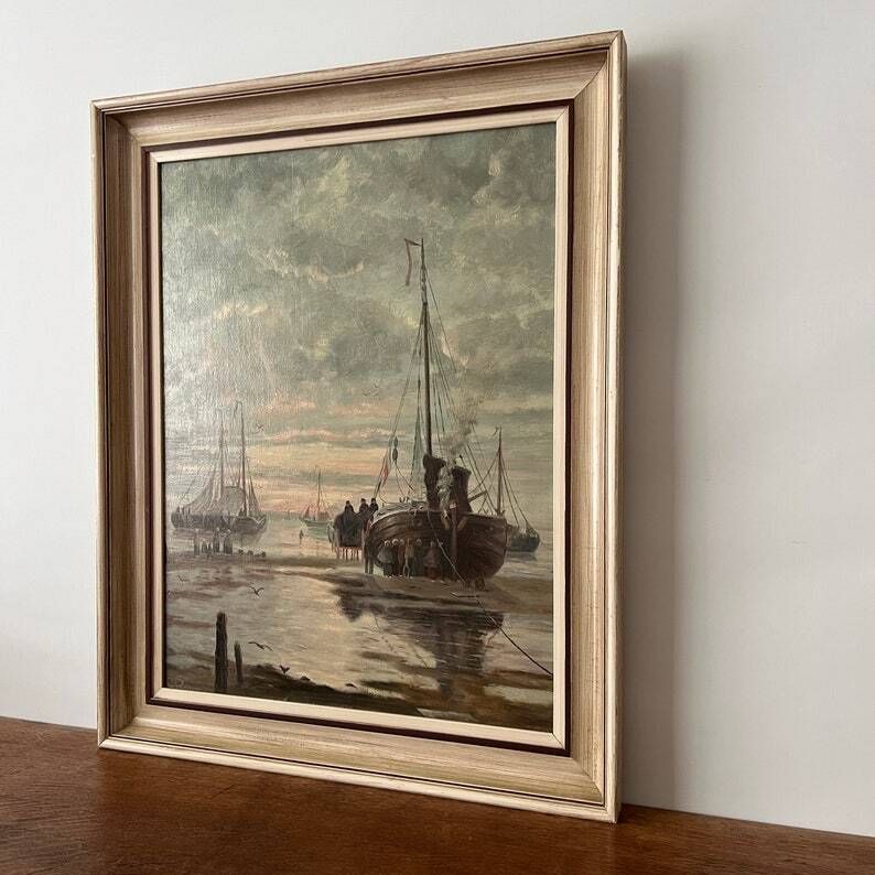 Mid 20th Century "Fishing Boat at Sea" Oil Painting