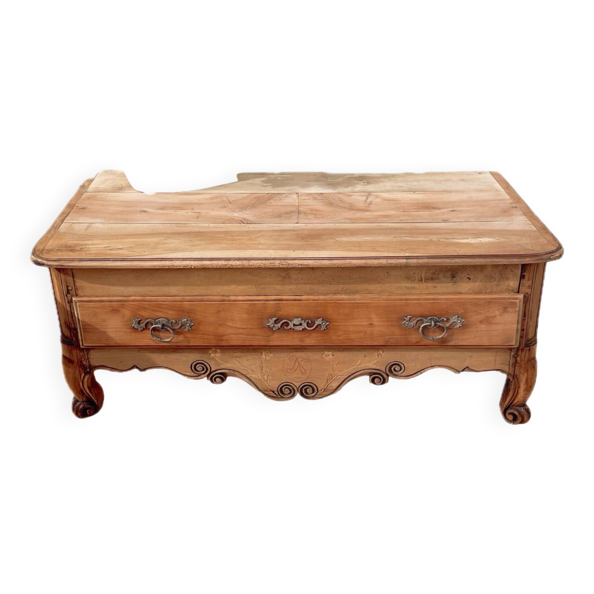 Vintage and rustic TV stand or coffee table in carved raw wood