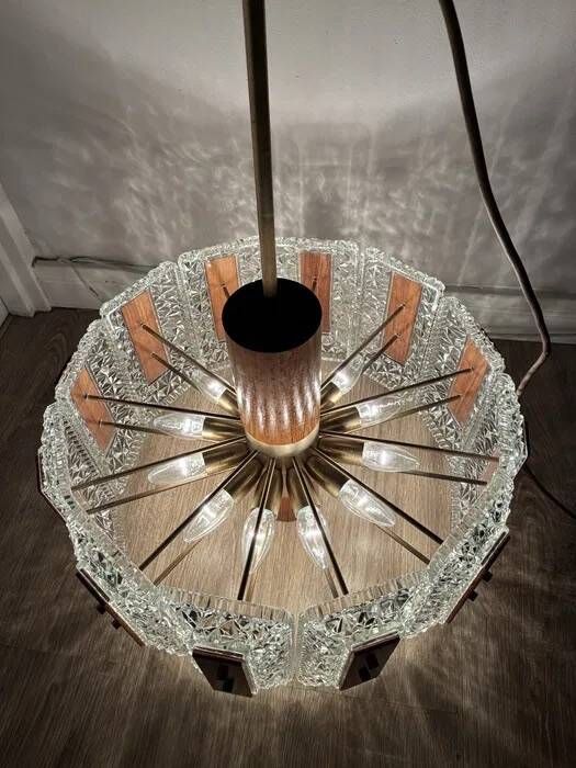 Carl Fagerlund for Orrefors Chandelier — Glass, Teak & Brass, Sweden 1960s