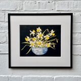 Début du 20ème siècle Nature morte Peinture de jonquilles Cadre noir