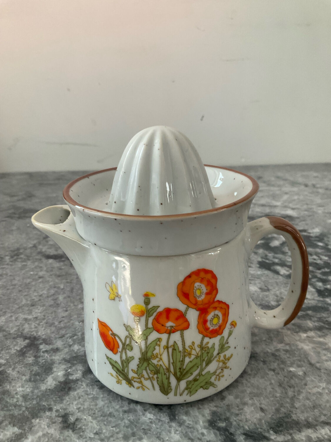 Vintage stoneware jug and its citrus juicer.