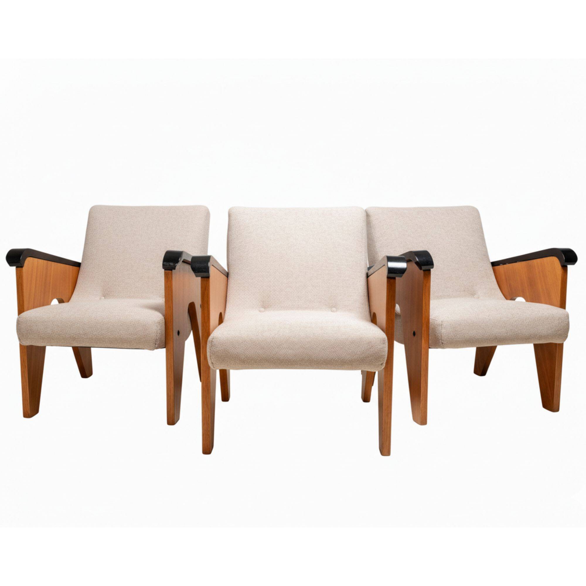 Vintage A-frame wooden armchairs, Czech design, 1950s, set of 3