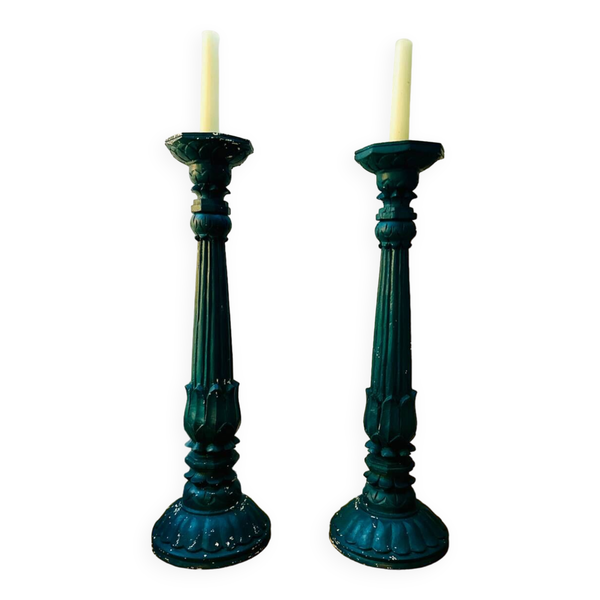 2 vintage duck blue wooden candlesticks