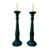 2 Large vintage duck blue wooden candlesticks