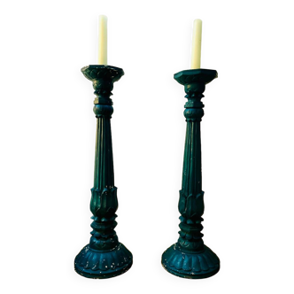2 Large vintage duck blue wooden candle holders