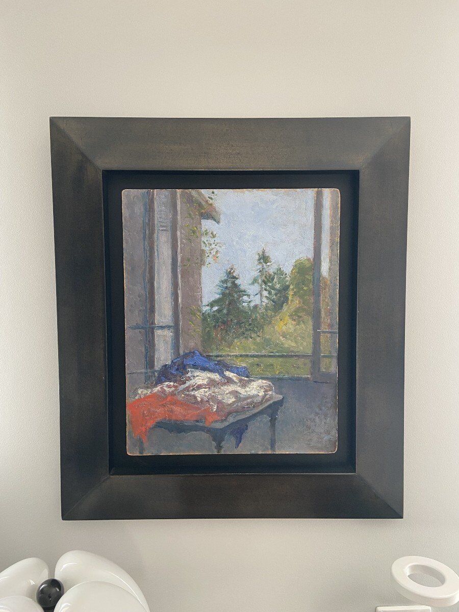Marc Mouclier (1866-1947) The Flag at the Window, 1942 Oil on Panel Signed and Dated