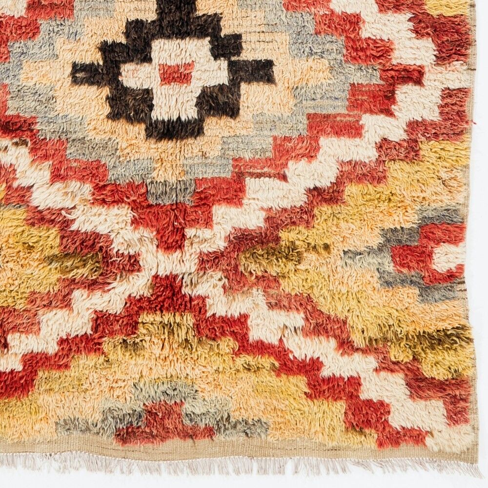 Vintage Hand-Knotted Turkish Tulu Rug with Geometric Design in Red, Cream, Yellow and Gray, 100% Wool