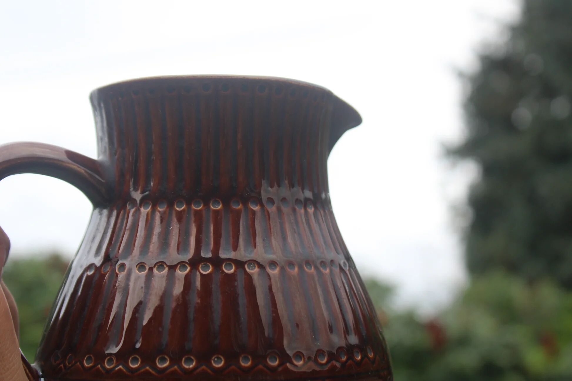 Superb vintage Digoin Sarreguemines jug in brown glazed ceramic.