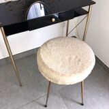 Coiffeuse laiton , verre et plastique noirs avec son tabouret moumoute