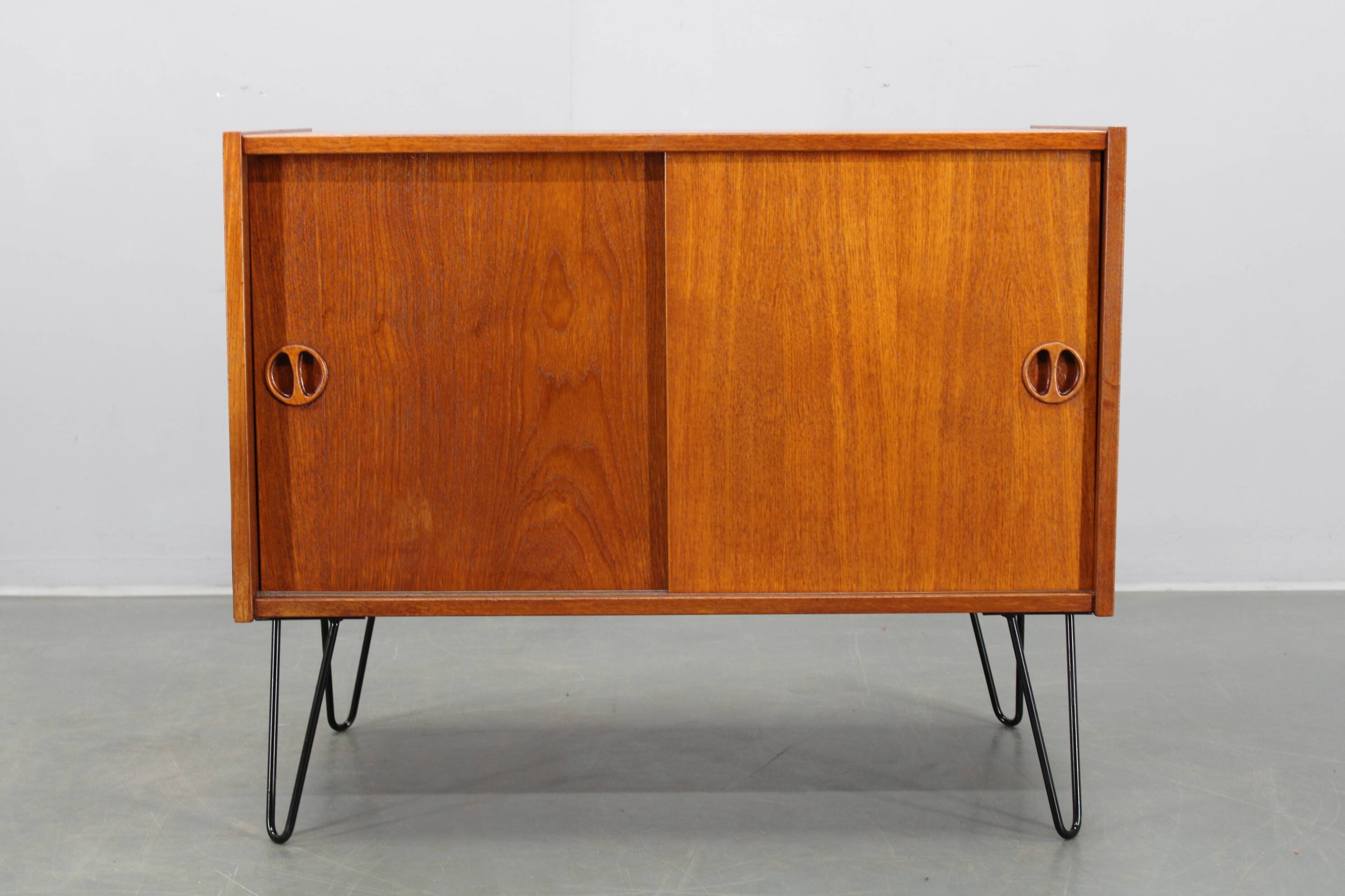 Danish mid-century teak cabinet with sliding doors, refurbished, 1960s