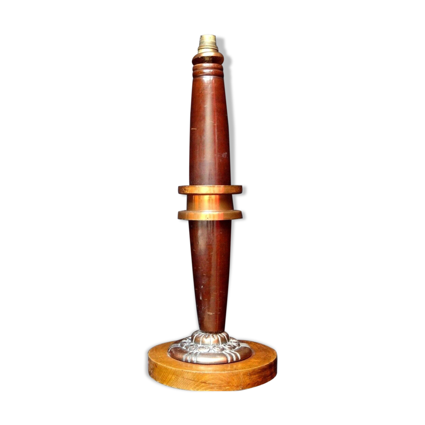 Art deco lamp foot wood copper stylized flowers 1925 design 52cm