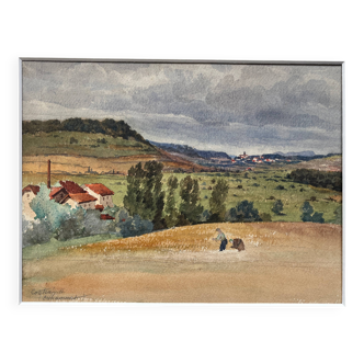 Watercolor painting "Entremont Valley - Contrexéville" early 20th century