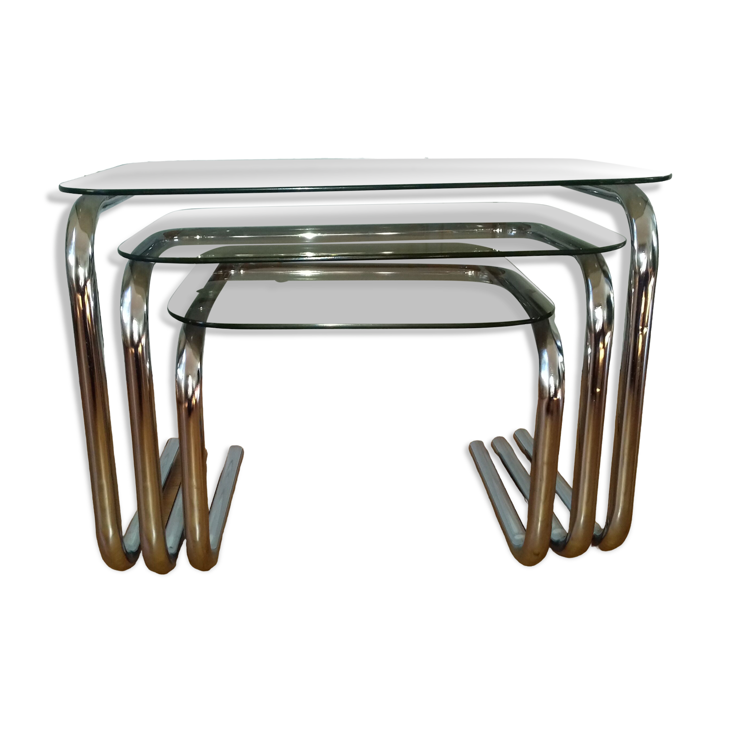 Pull-out coffee tables in glass and chrome 1970s