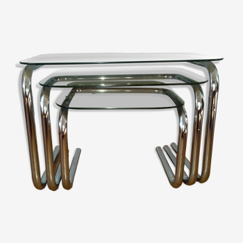 Pull-out coffee tables in glass and chrome 1970s