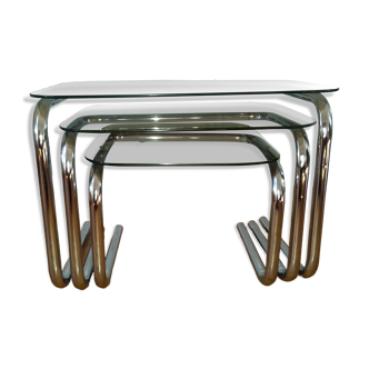 Pull-out coffee tables in glass and chrome 1970s