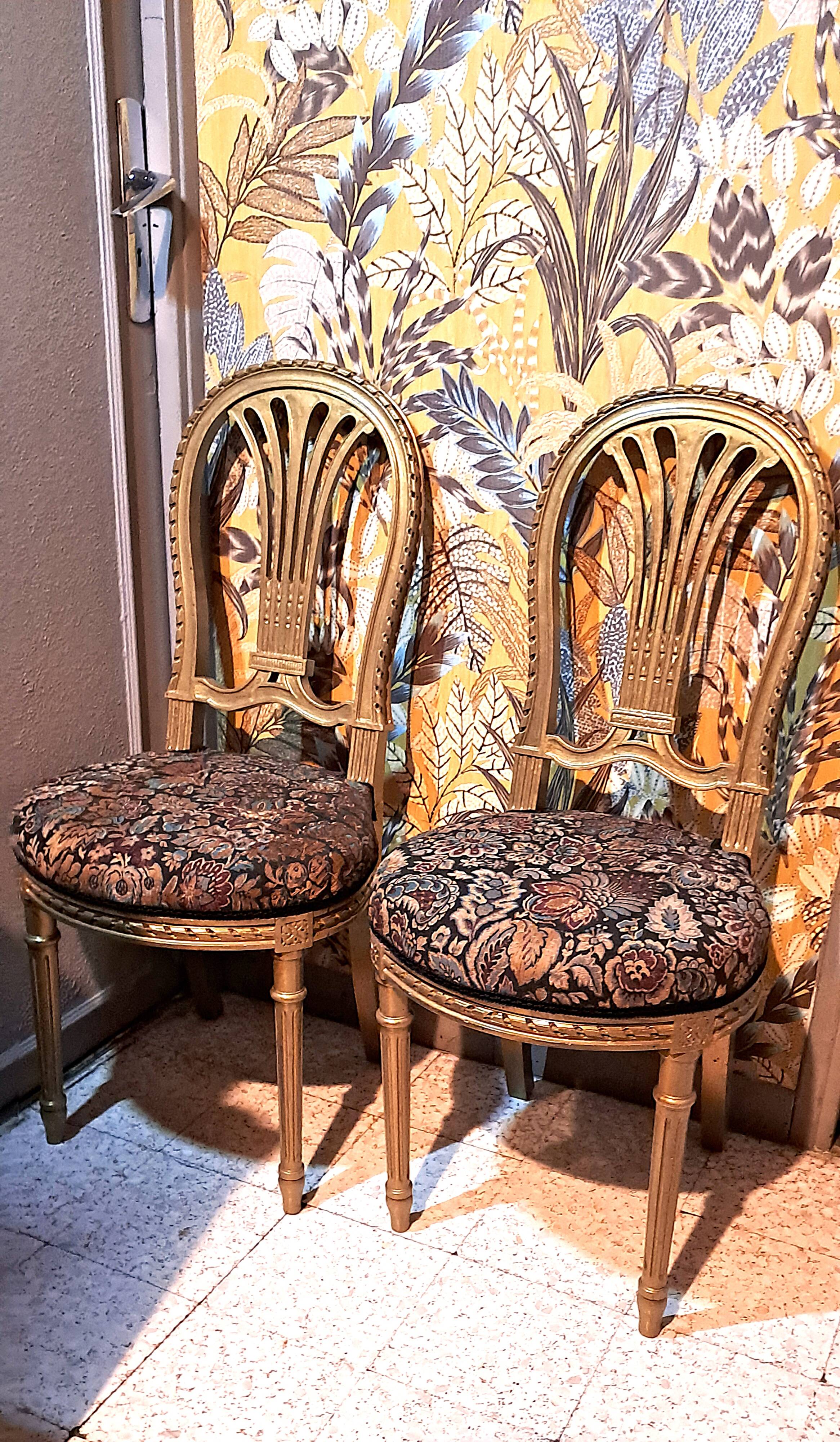 Napoleon III chairs, gilded wood, upholstered in damask fabric