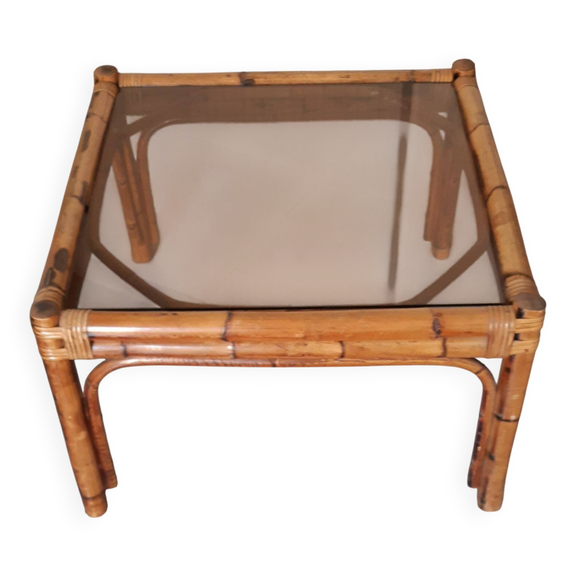 Vintage coffee table, rattan, bamboo and glass in the style of Vivai del Sud.