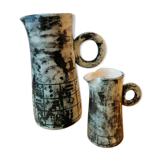 Set of two pitchers J. Blin rebus decoration, signed, 1950