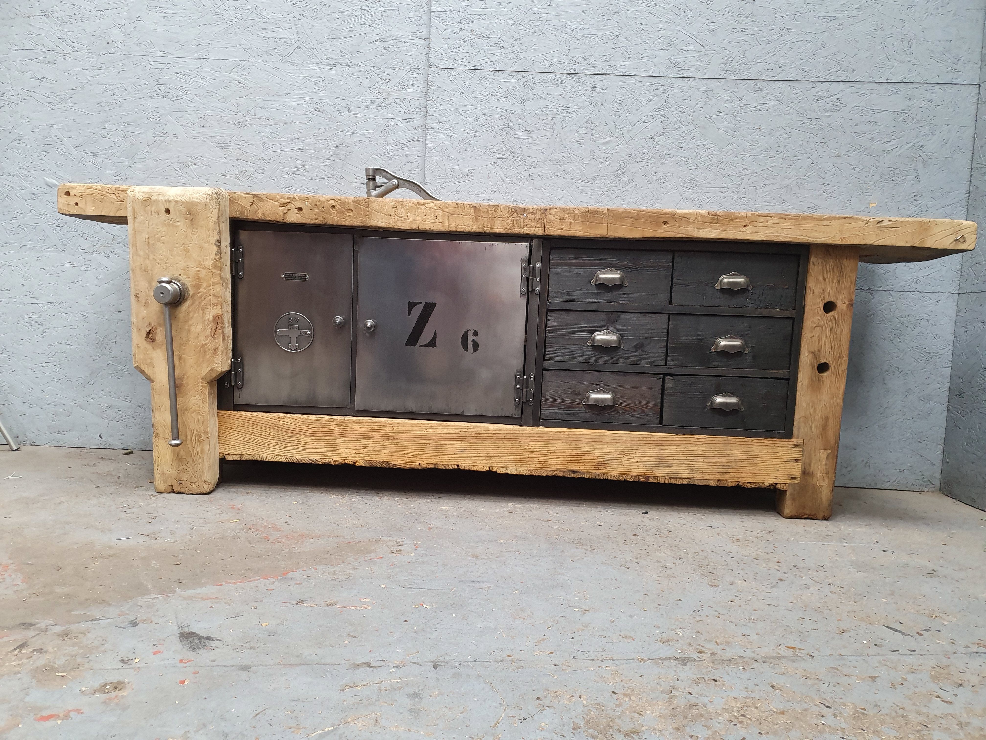 Industrial established furniture two metal doors and 6 wooden drawers