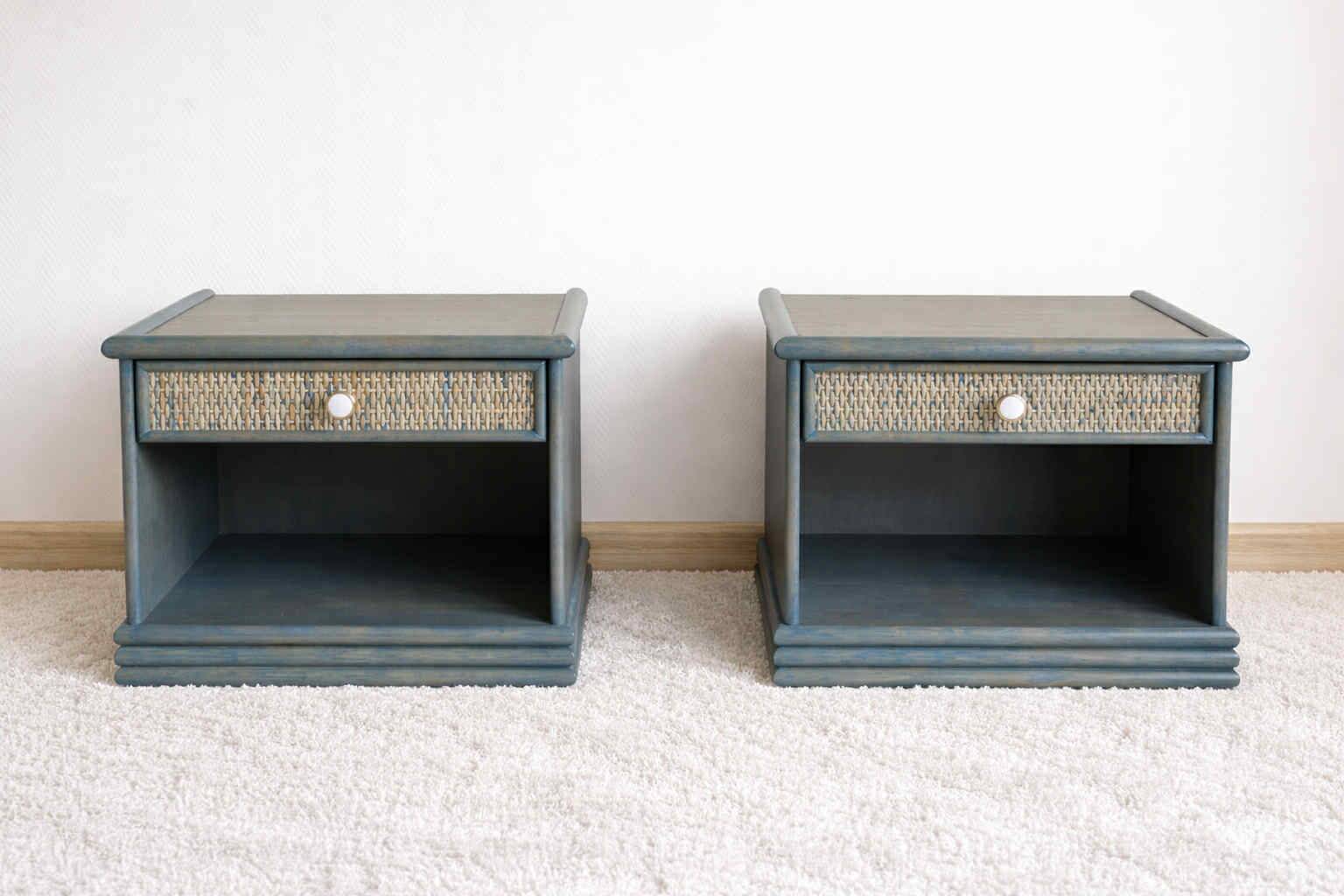 Pair of vintage Maugrion style rattan bedside tables.