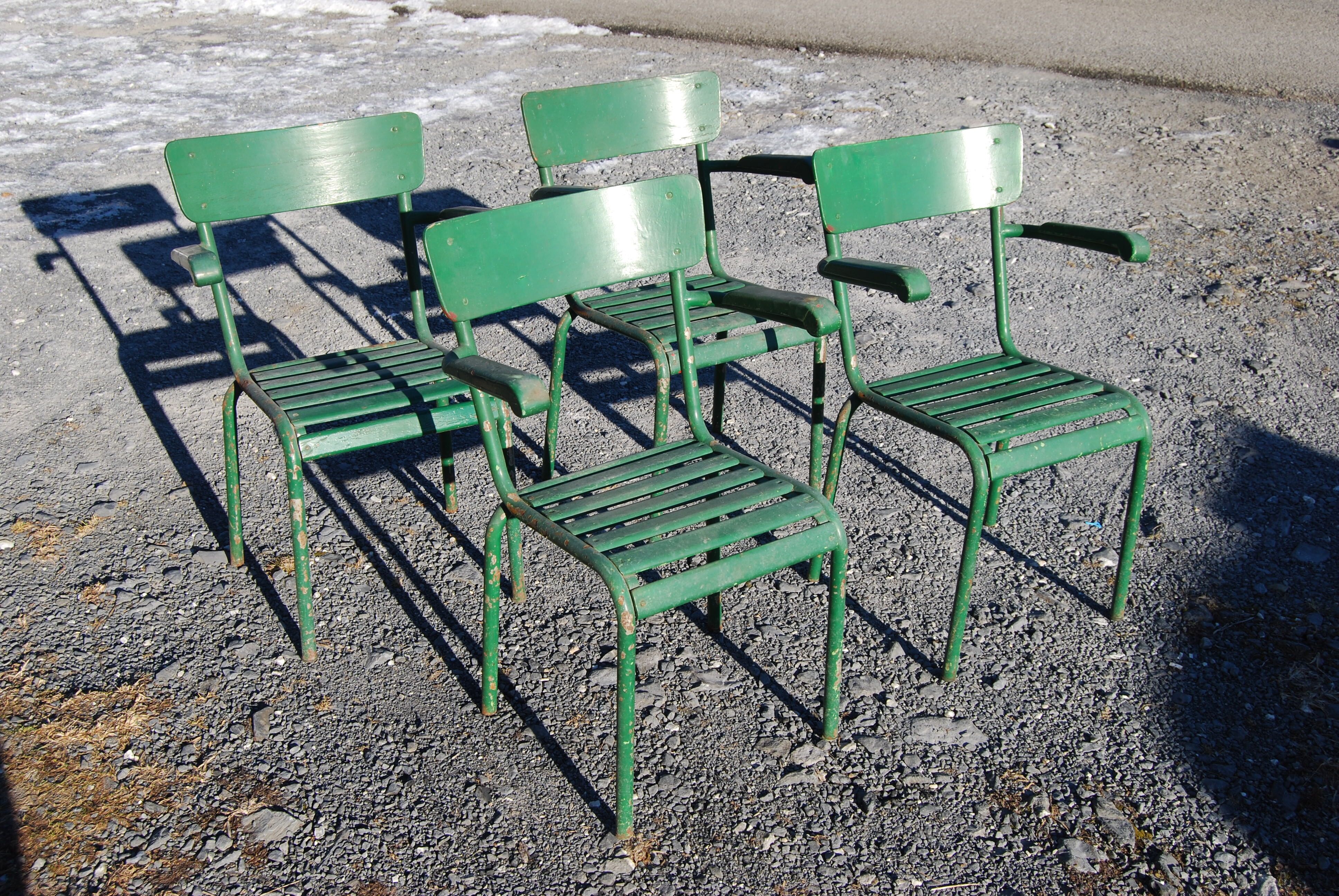 4 stackable garden armchairs wooden slats and metal tubes from the 50s