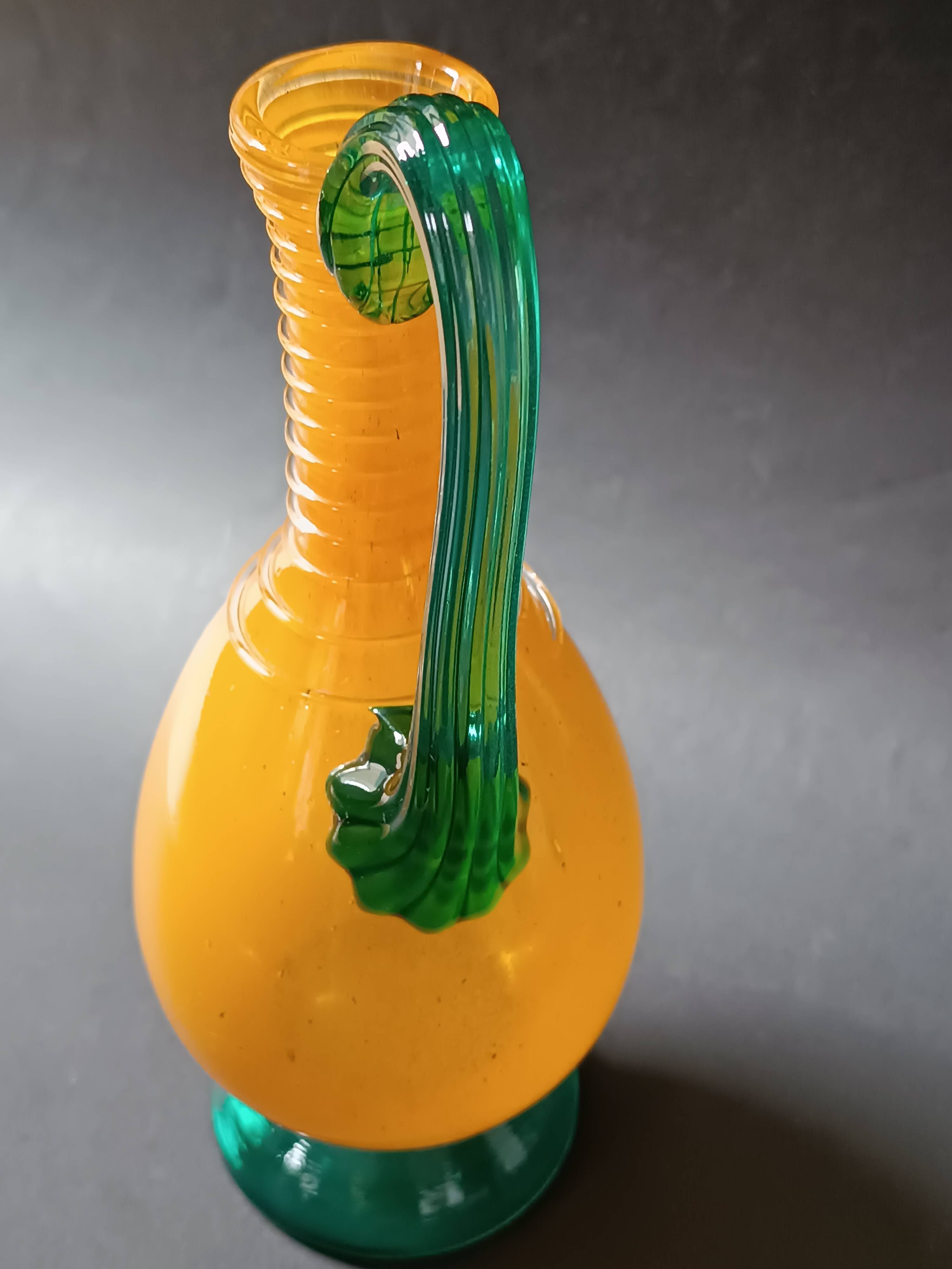 Vintage orange and green blown glass bottle, art glassware