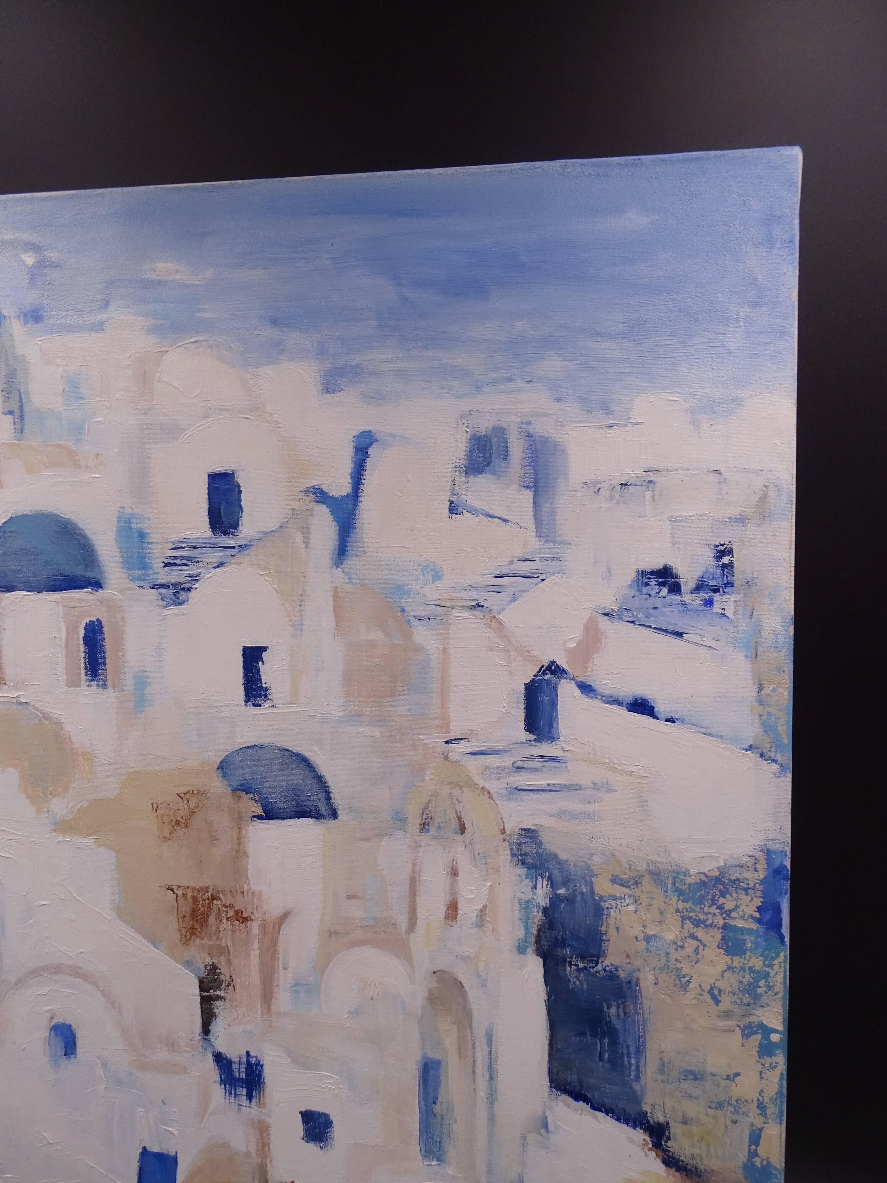 The Greek village - Pastel blue and ochre tones - Signed dated