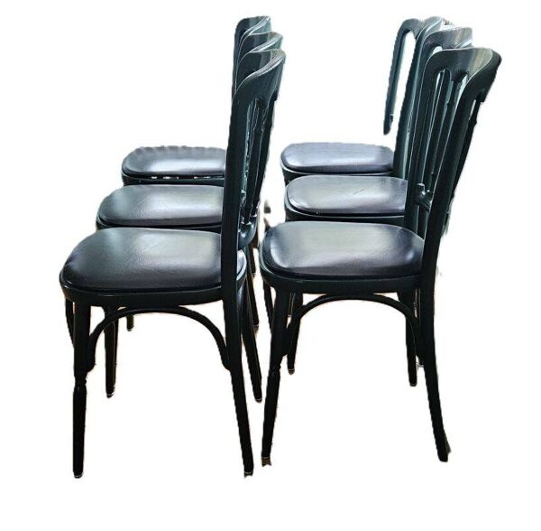 Suite de 6 chaises bistrot vert anglais et assise skaï noir