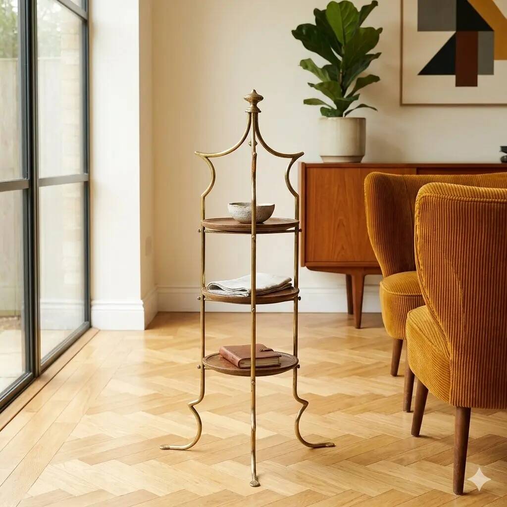 Small vintage shelf in brass and wood, design, Italy, 1950s