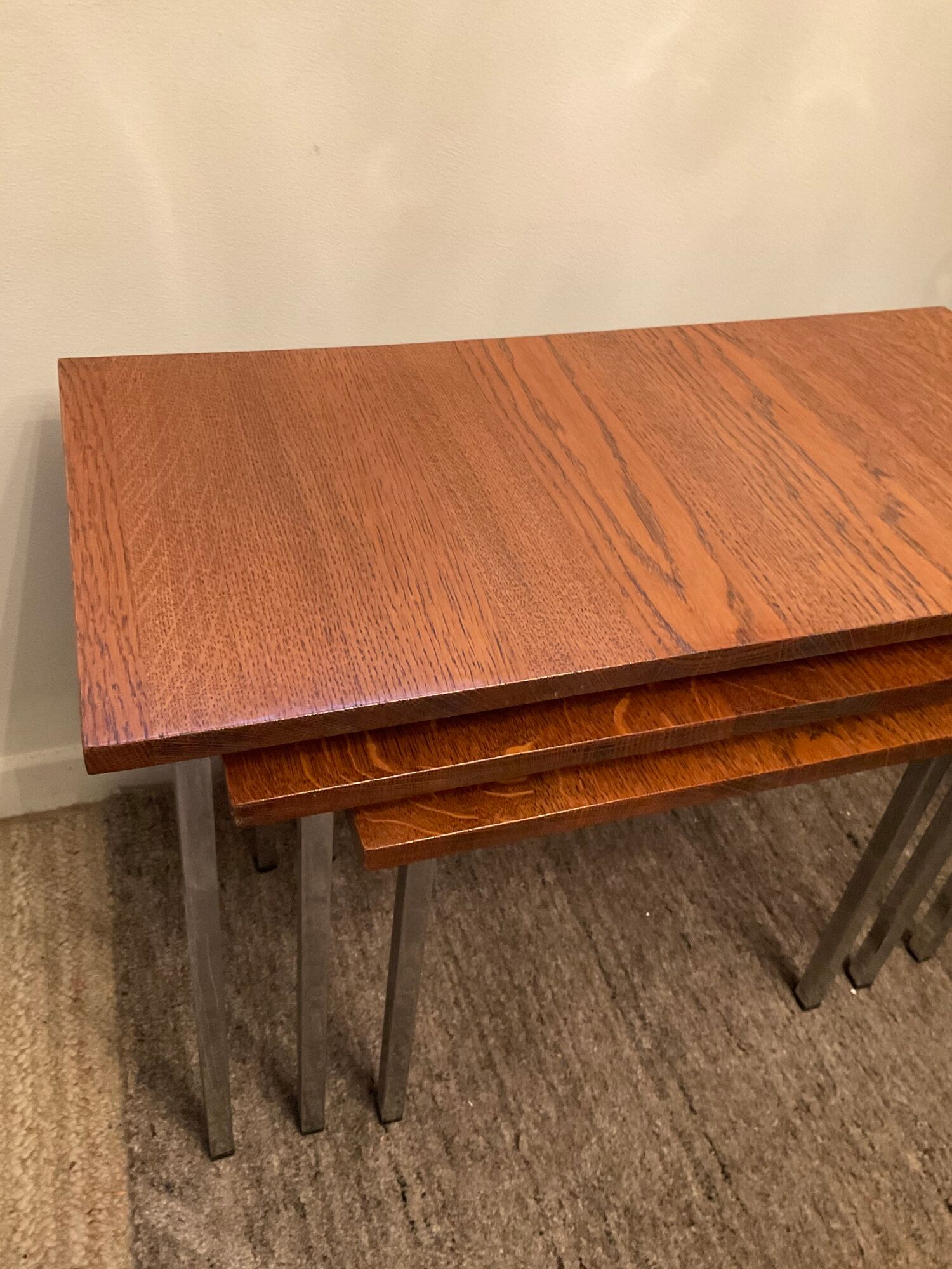 Series of 3 nesting tables from the 70s in wood and chromed metal