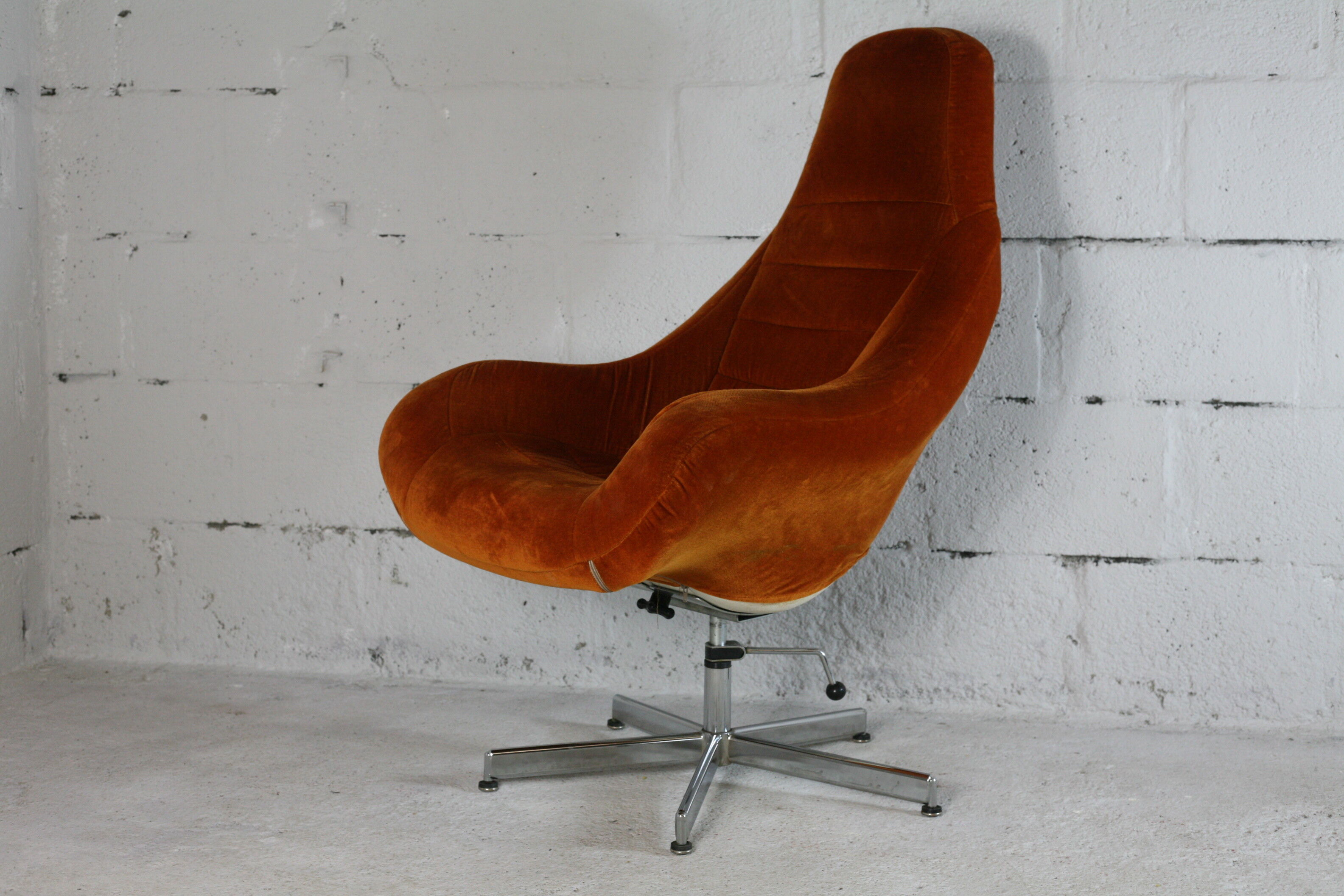Space age chair, fiberglass, orange velvet, circa 1970s